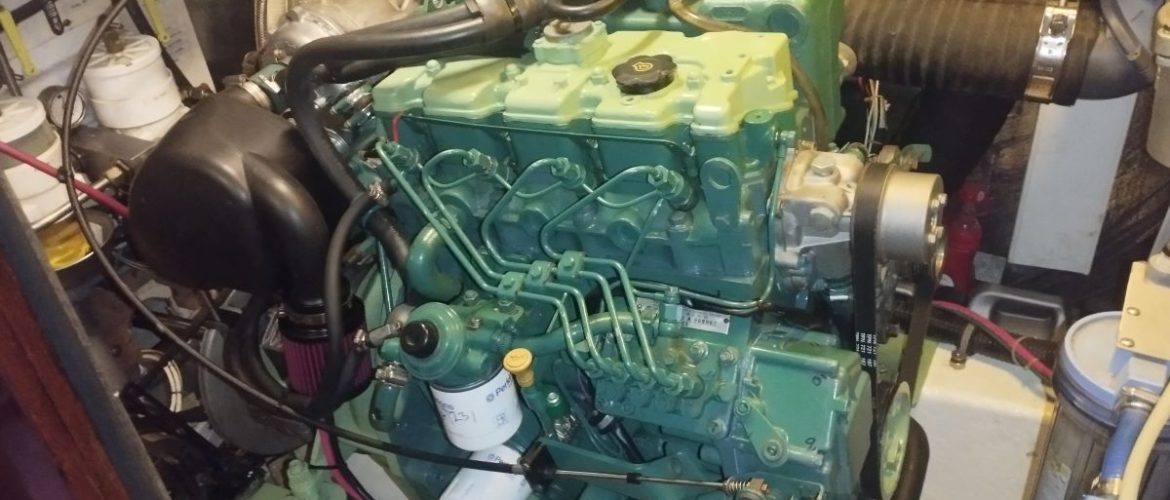 A Volvo Penta D2-75 in a boat engine room